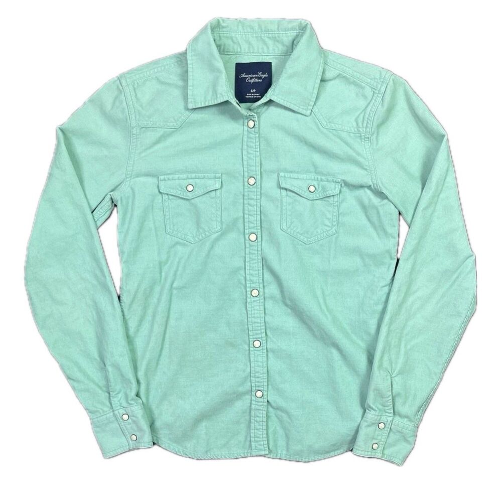 American Eagle Women's Mint Corduroy Snap Button Down Trucker Shacket Jacket M